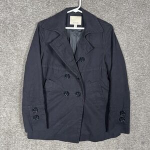 Faconnable Coat Womens XS Black Cotton Pea Coat Double Breasted Lined Jacket
